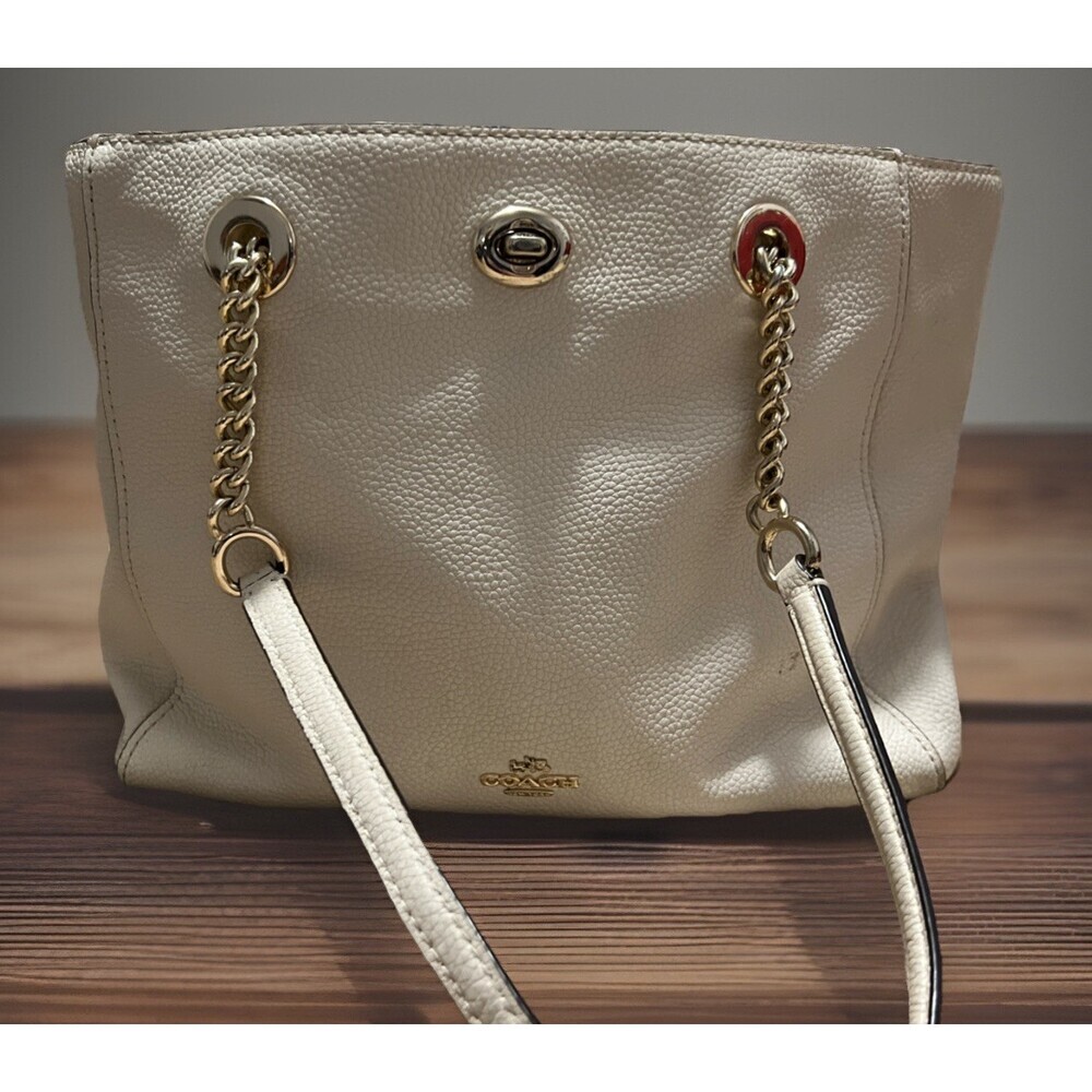 Coach Turnlock Chain Handle Cream Color Purse Tote 27